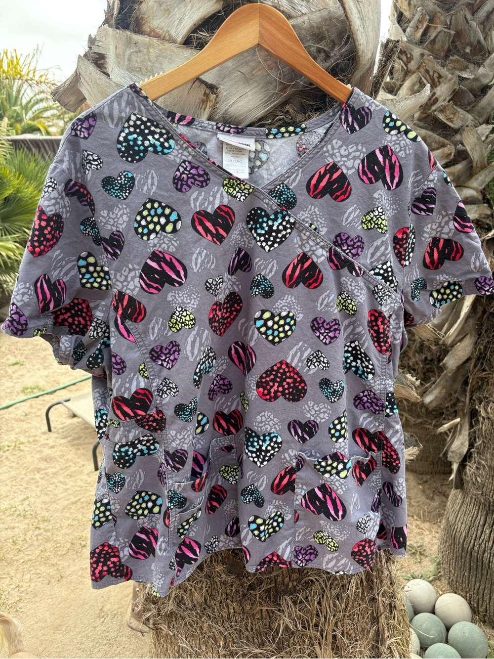 Scrubstar Gray V-Neck Scrub Top with Multicolor Heart Print